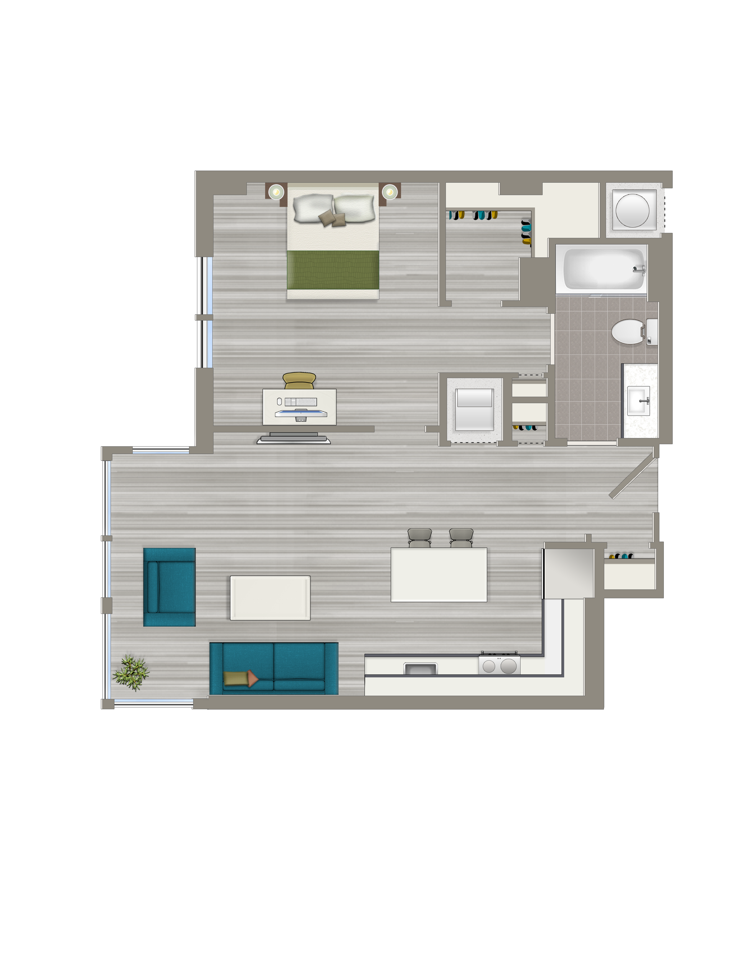 Floor plan for 1 bed, 1 bath, 734 sqft
